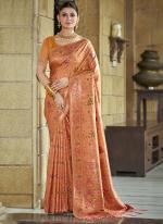 Silk Peach Wedding Wear Printed Saree